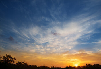 Fototapeta na wymiar Real panoramic sunrise sundown sky with gentle colorful clouds. Big size
