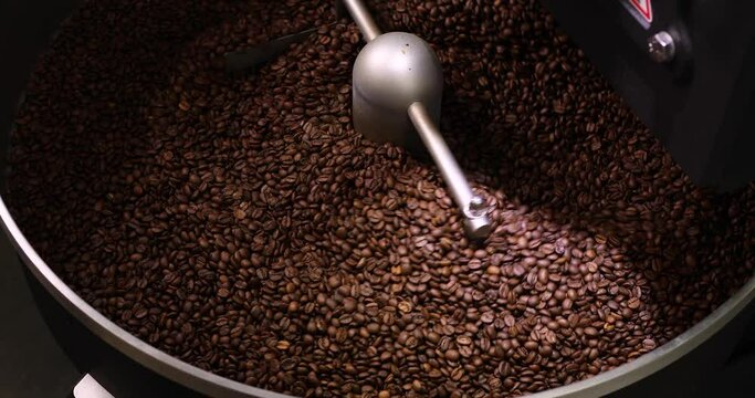 Large metal vat for roasting coffee beans close-up. Coffee beans are into it. The rotating mechanism stirs the coffee beans. The concept of industrial cooking arabica and robusta.
