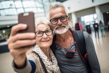  Couple of old people travelers tourists make selfie. Created with generative Ai technology.