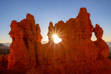 Scenic sunrise view on rock formation on Navajo Rim trail in Bryce Canyon National Park, Utah, USA....