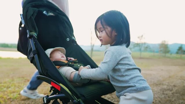 Kid Daily Lifestyle Concept. Asian adorable sister playing with her little brother inside trolley. Family in Park, Garden picnic time. People and Weekend Outdoor Activity. Child Care, Parenthood.