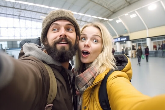 Young couple travelers selfie. Created with generative Ai technology.
