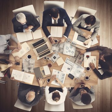 Top view team of business executives is analyzing financial figures. view from above of a group of business people meeting and conversing Corporate Idea. generative ai