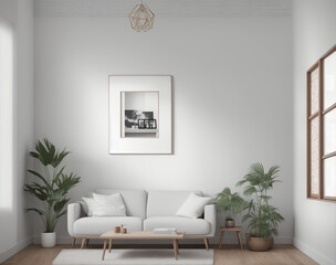 A Mockup Photo of a Living Room with Blank Canvas and Empty Frame on a Brick Wall Background, Perfect for Artists and Designers Seeking Inspiration and a Stylish Way to Showcase Their Artwork