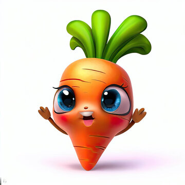 Cute 3d smiling carrot cartoon character, big blue eyes, hands up. Digitally generated image