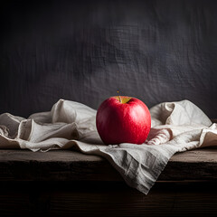 Jabłko na szmatce, martwa natura kompozycja na ciemnym tle, 3D renderowane