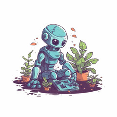 Cute cartoon robot tending the garden. Vector illustration of technology helping the environment. Earth day.
