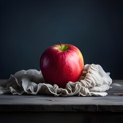 Jabłko na szmatce, martwa natura kompozycja na ciemnym tle, 3D renderowane - obrazy, fototapety, plakaty