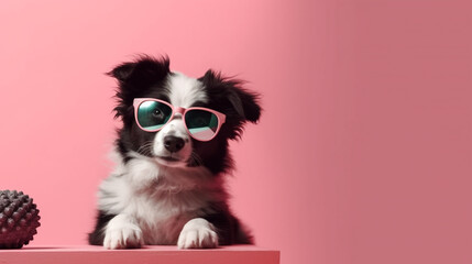 The Perfect Image: A Creative Puppy in Spring-Colored Glasses. AI Generated Art. Copyspace, Background, Wallpaper. Spring and Summer Vibes. Colourfull Animals.