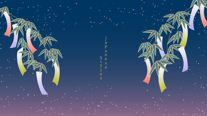 Japanese-style background　シンプルな七夕の和風のイラスト　夜空の七夕　笹の葉飾り - obrazy, fototapety, plakaty