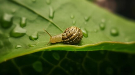 A close-up of a tiny snail making its way across a leaf. 