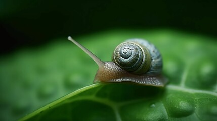 A close-up of a tiny snail making its way across a leaf. 