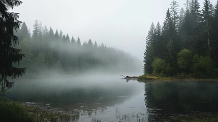 Naklejka na ściany i meble A lake surrounded by dense forest, with mist rising from the water.