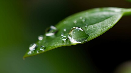 A macro shot of a single raindrop hanging from a leaf.