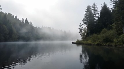 A lake surrounded by dense forest, with mist rising from the water.