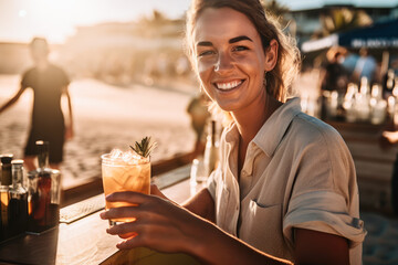 Generative AI illustration of cheerful female barista in casual shirt smiling and looking at camera with glass of cold cocktail on sandy beach near bar counter
