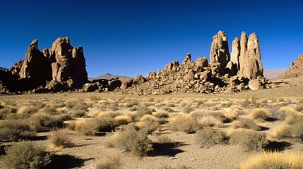 Fototapeta na wymiar A rocky desert landscape, with towering rock formations and a clear blue sky above.