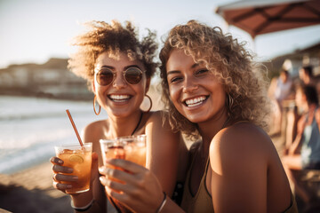Generative AI illustration of happy young female friends with curly hair smiling and looking at camera while resting on sandy beach with glasses filled with refreshing drinks