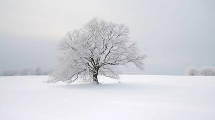 A snowy landscape with a lone tree in the foreground, its branches laden with snow.