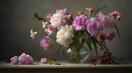 A still life of a vase of fresh flowers, arranged in a pleasing composition.