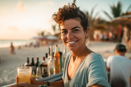 Generative AI illustration of cheerful female barista in casual shirt smiling and looking at camera with glass of cold cocktail on sandy beach near bar counter