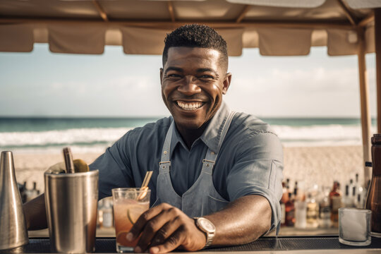 Generative AI illustration of cheerful female barista in casual shirt smiling and looking at camera with glass of cold cocktail on sandy beach near bar counter