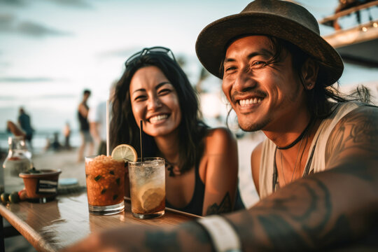 Generative AI illustration of delighted Asian couple in summer clothes smiling and drinking refreshing cold beverages while sitting at bar counter on sandy beach