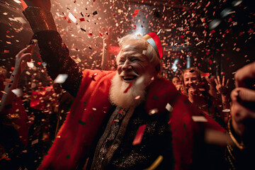 Generative AI image of cheerful aged bearded man in shiny clothes dancing on party among crowd of people in night club