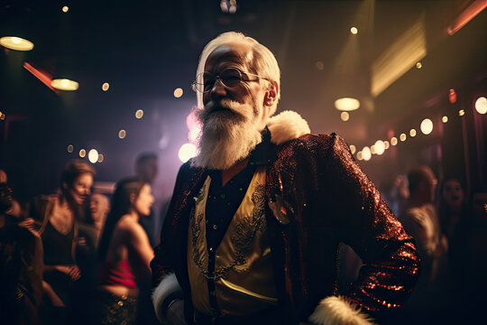 Generative AI image of smiling aged bearded man in colorful shiny clothes standing near crowd of people with hands on waist during party in night club