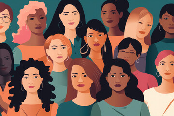 Generative AI cartoon illustration of group portrait of multiethnic young women standing together and looking at camera