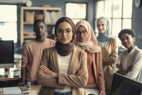AI generated image of young female businesswoman standing arms crossed and looking at camera with diverse colleagues in office