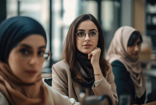 AI generated image of young female businesswoman standing and looking away with diverse colleagues in office