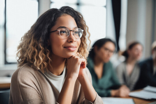 AI generated image of thoughtful female entrepreneur with curly dark hair looking away while sitting at conference table with colleagues during meeting in office