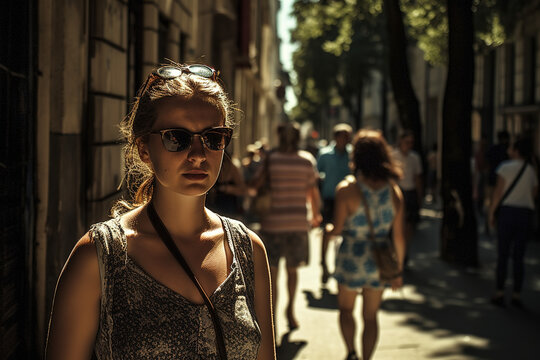 Woman in the street in summer with a lot of heat. Temperature records. Generate by ai