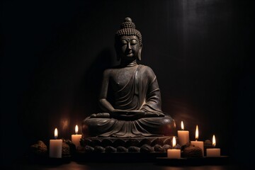 Fototapeta premium Statue of Buddha in lotus pose meditating in a dark room with candles, generative AI