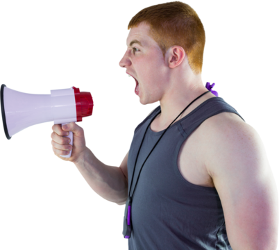 Angry personal trainer yelling through megaphone  - Powered by Adobe