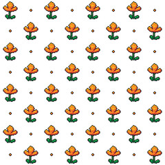Seamless pattern orange flower pixel style isolated on white background