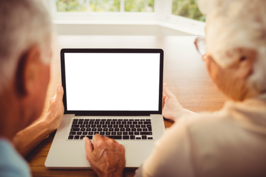 Rear view of senior couple using laptop
