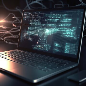Software, web development, programming concept. Abstract Programming language and program code on screen laptop. Laptop and icons company network. generative ai