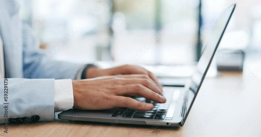 Poster hands, laptop and business person typing an online project or email in an office working and using t