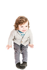 Close-up portrait of child lovely sweet curious cheerful cheery smart clever boy fantasize copy space isolated white color background