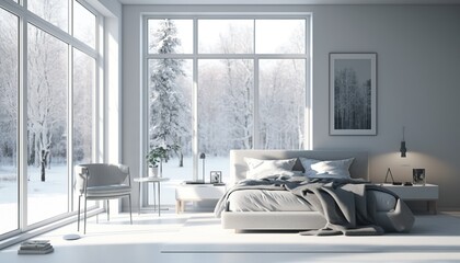 Illustration of a modern light bedroom with big windows created with Generative AI technology