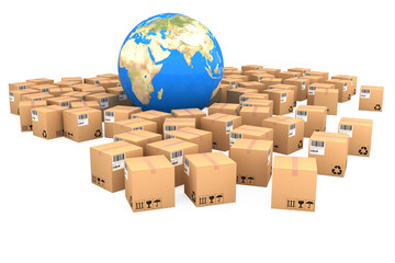 Digital composite image of cardboard boxes and globe