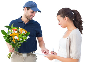 Happy flower delivery man with customer