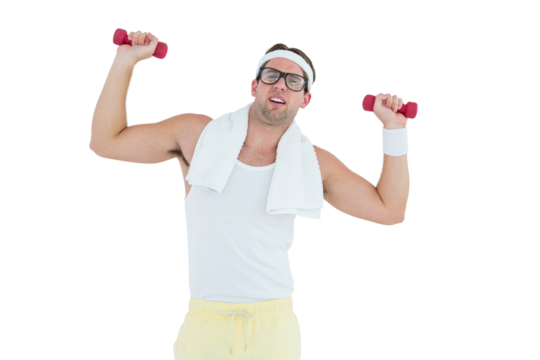 Geeky hipster lifting dumbbells in sportswear - Powered by Adobe