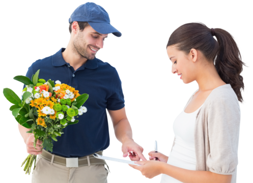 Happy flower delivery man with customer