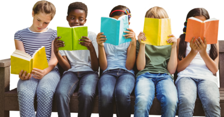 Children reading books at park