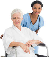 Portrait of smiling nurse with female patient in wheelchair