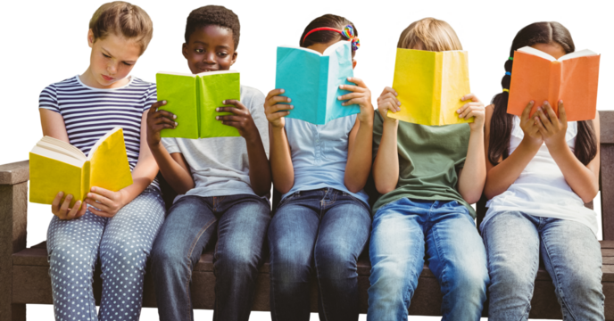 Children reading books at park - Powered by Adobe