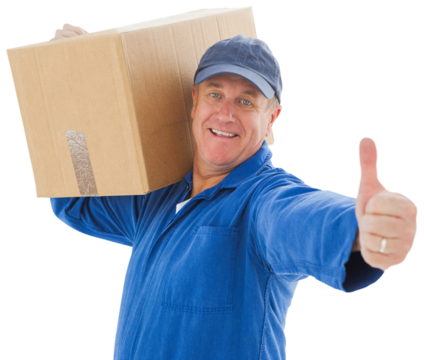 Happy delivery man holding cardboard box - Powered by Adobe